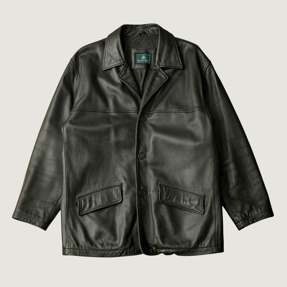 Rainforest Jacket Car Coat Black Pebbled Leather Sherpa Lined Button Front L
